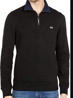 LACOSTE Men's Rib Interlock 1/4 Zip Sweatshirt XL Cotton Sweater Black Crocodile
